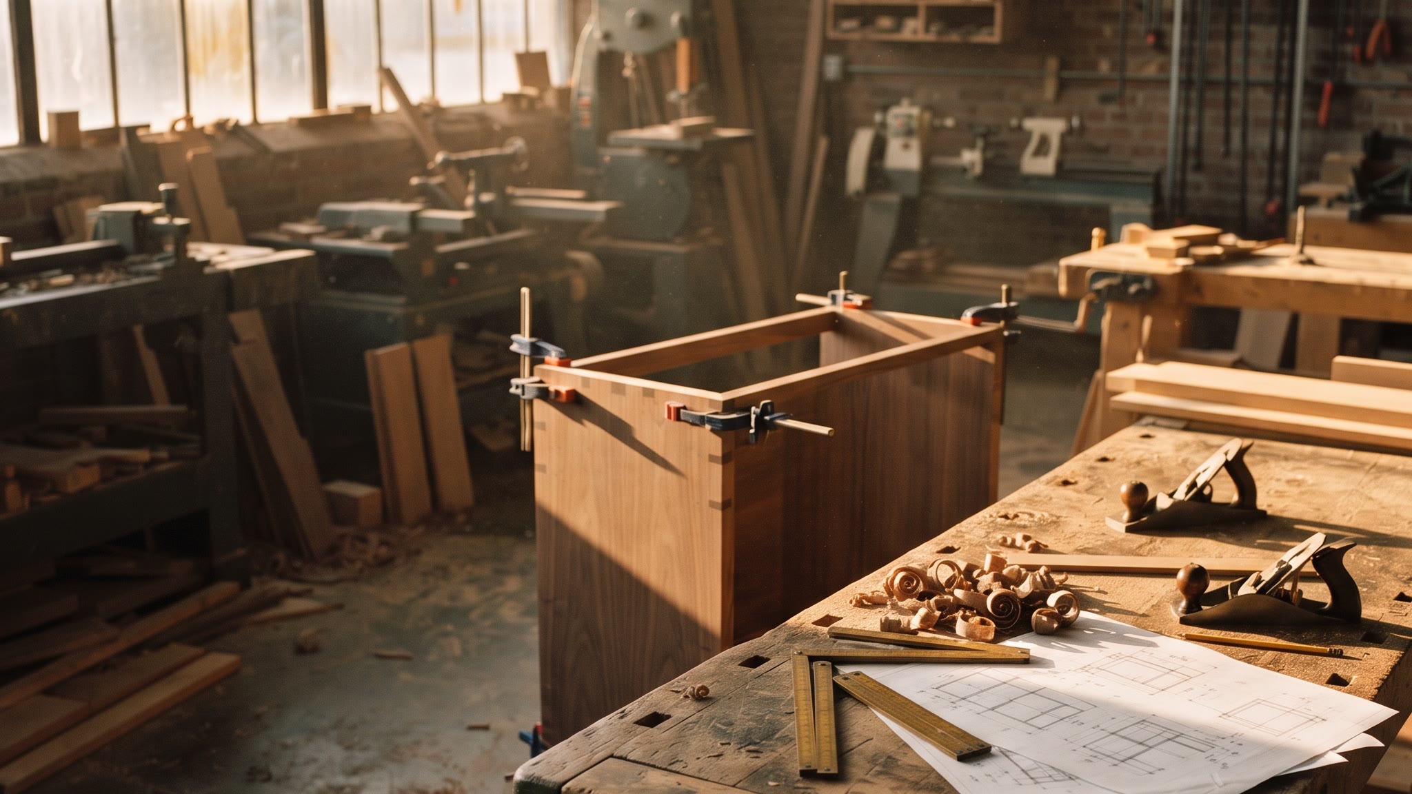 The Alder & Oak workshop at golden hour